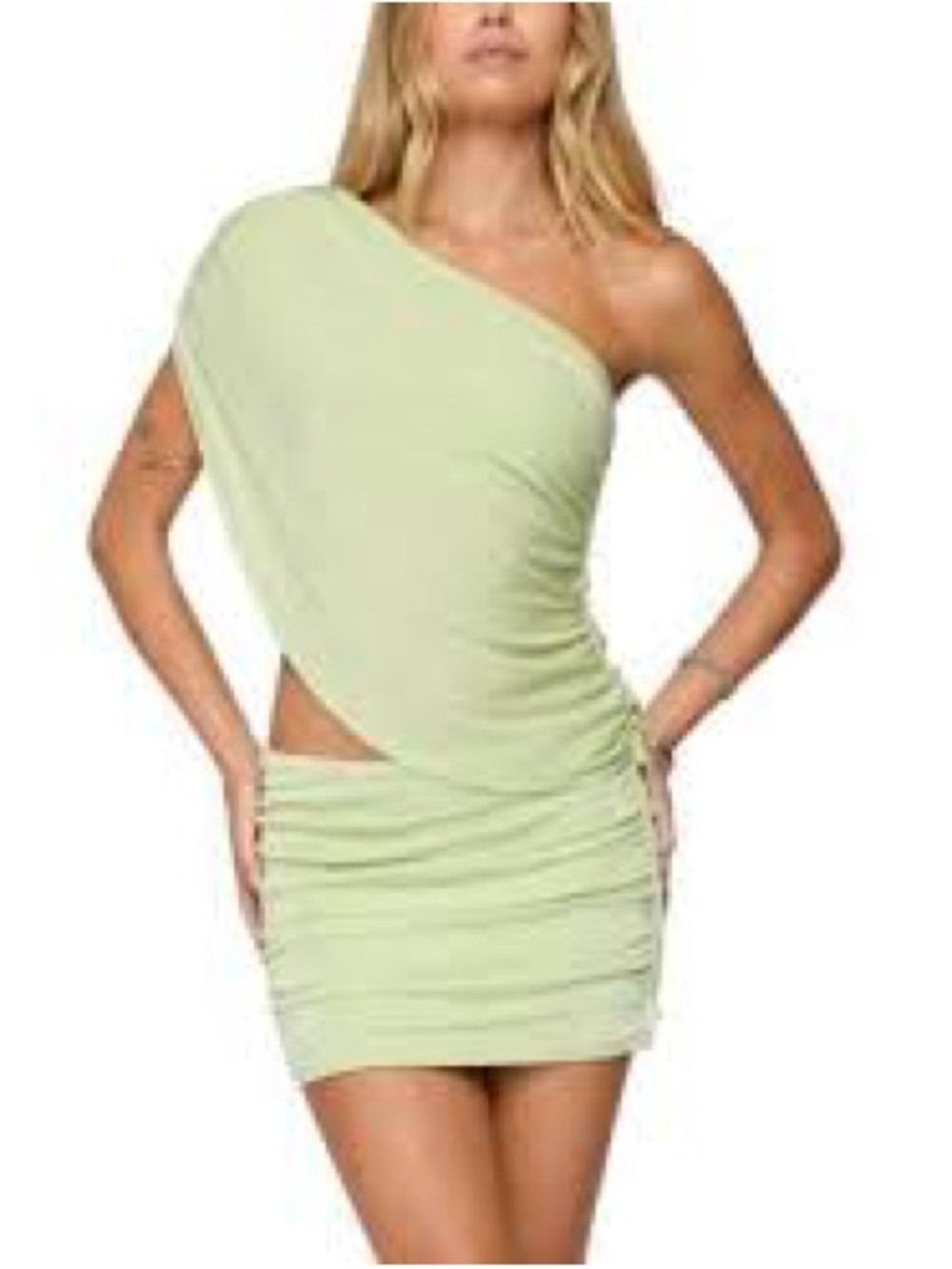 Edikted One-Shoulder Cutout Ruched Mini Dress in Pale Green
